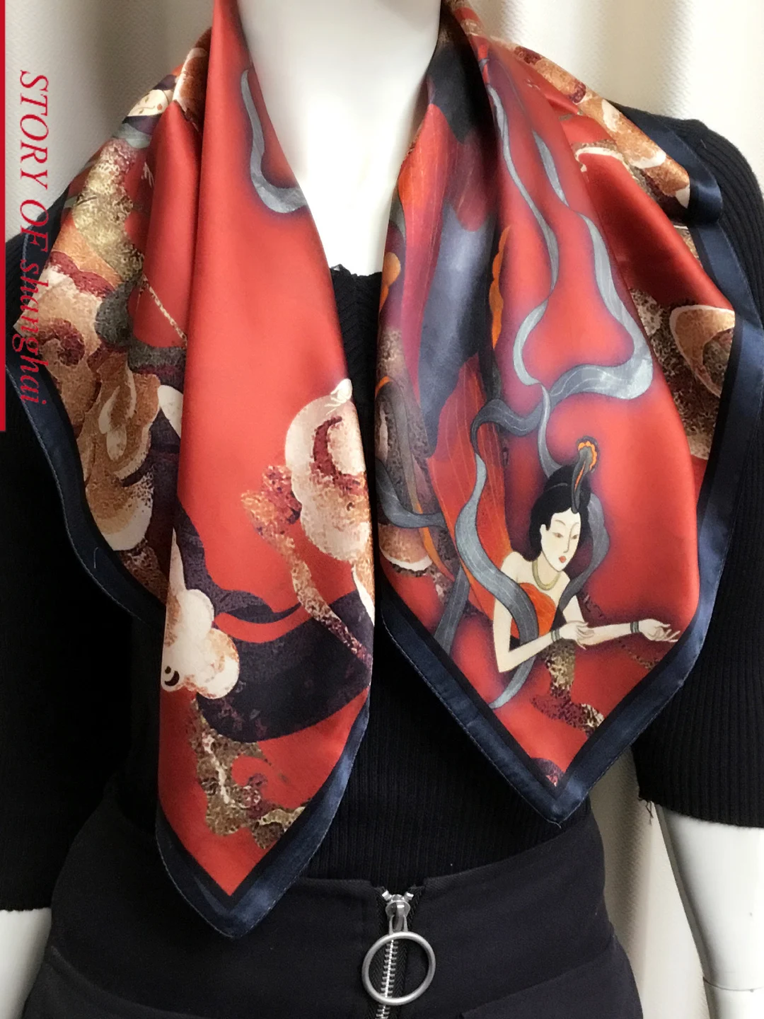 上海ストーリー-2026年春新作-シルク65x65cm-大判スカーフ-ショール-レディースシルクスカーフ-飛雲柄-エスニックスタイル-多機能