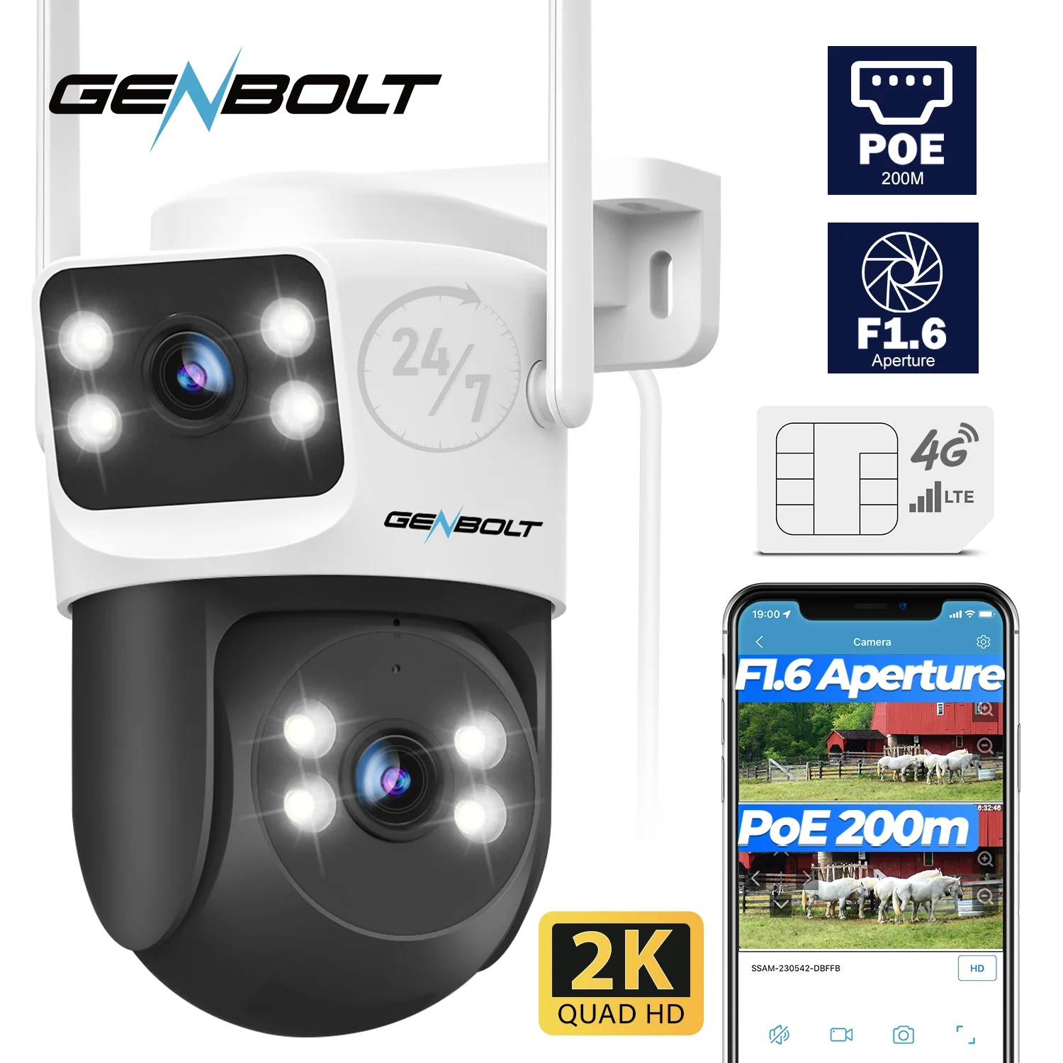 GENBOLT 4G LTE Caméra Surveillance Extérieure avec Carte Sim, Double Objectif PoE CCTV Caméra sans WiFi, Filaire 24/7 Enregistrement PTZ IP Camér avec Détection