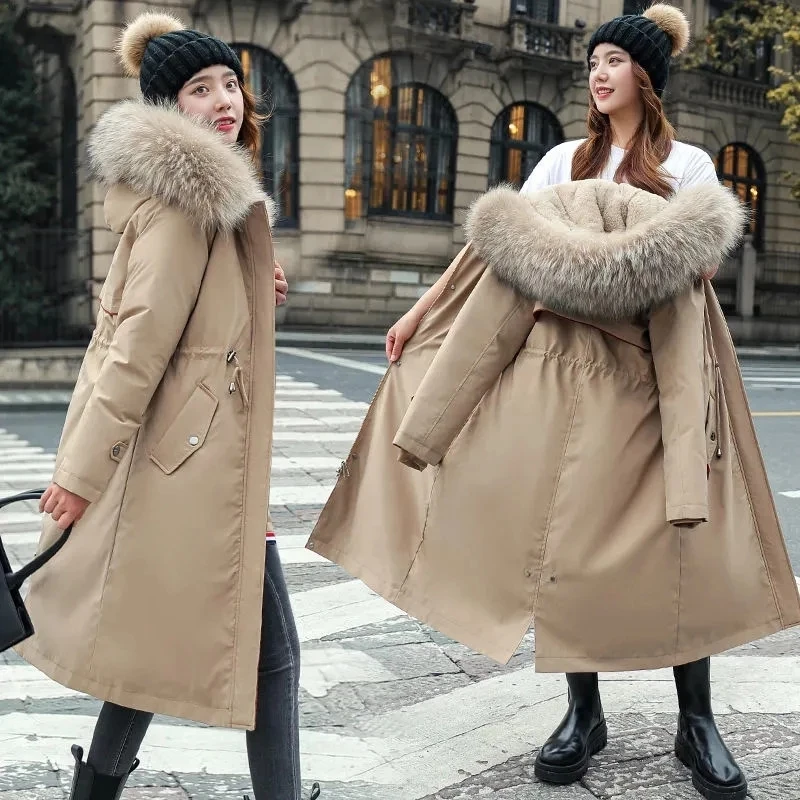 Parkas largas con forro de piel extraíble para mujer, abrigo informal con capucha, chaqueta gruesa de algodón, ropa de abrigo cálida, novedad de 2022