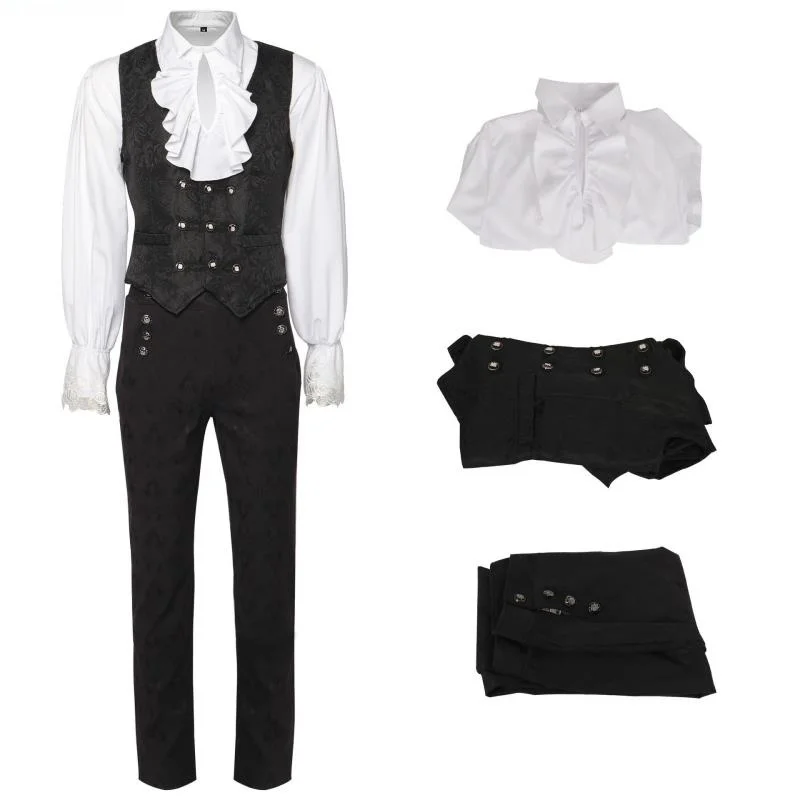

Men's Pure Color Medieval Vintage Vest Shirt Punk Men's Pants Straight Hair Clothing Set Autumn Seven Sleeve Long