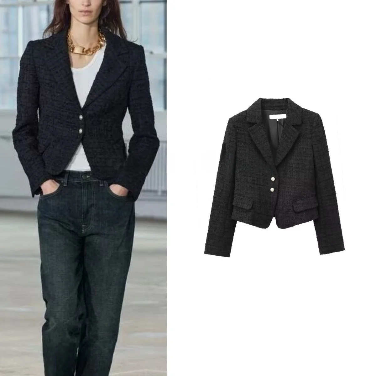 

Осень-зима, Новое поступление, женский костюм с длинной текстурой све, украшенный пуговицами, Jaet, универсальный костюм с классическим воротником