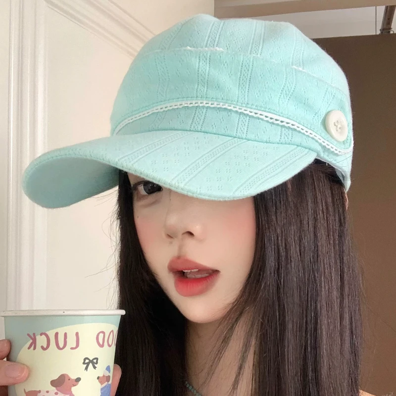 Ins Fresh Mint Green Button Lace Design Baseball Caps for Women Spring and Summer Travel Sunscreen Versatile Sweet Sun Hats