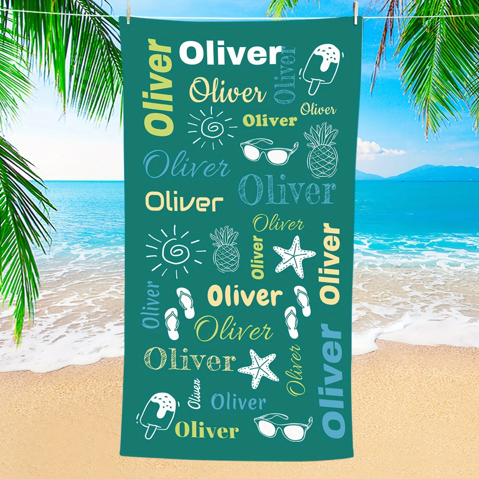 Personalized Beach Towel Custom Name/Logo Text Microfiber Summer Themed Beach Party Towel Thin Absorbent for Swimming Yoga Bath