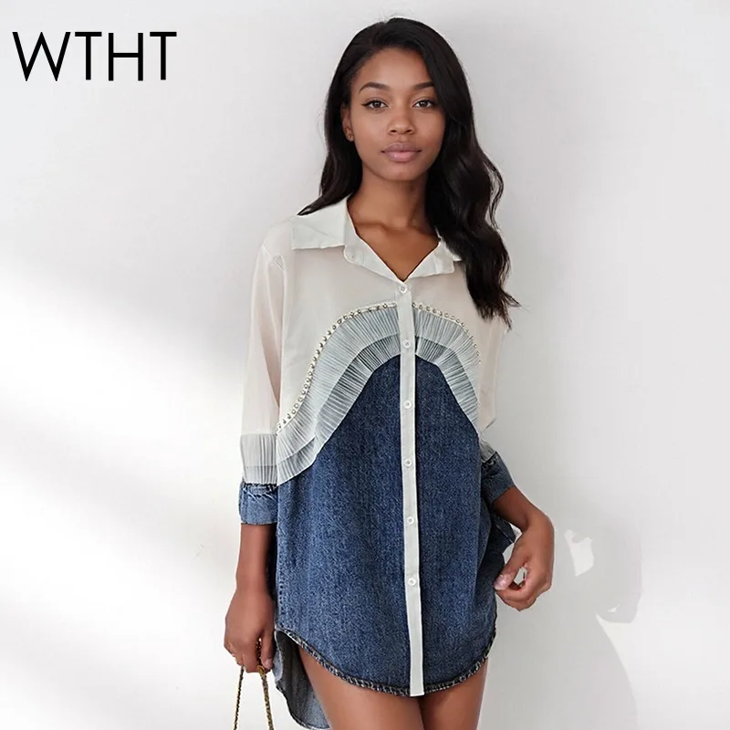

WTHT New Fashion Women's Heavy Industry Diamonds Spliced Denim Loose Shirt 2025 Autumn Lapel Long Sleeves Blouse Female 1LS2632