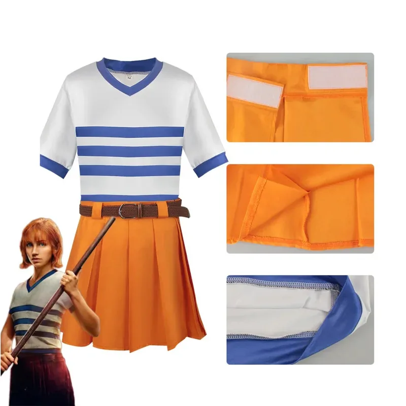 Аниме Live Action Movie Nami Косплей Костюм Wano Kuni Country Футболка в белую полоску Желтая юбка Парик Женский сексуальный костюм на Хэллоуин6;