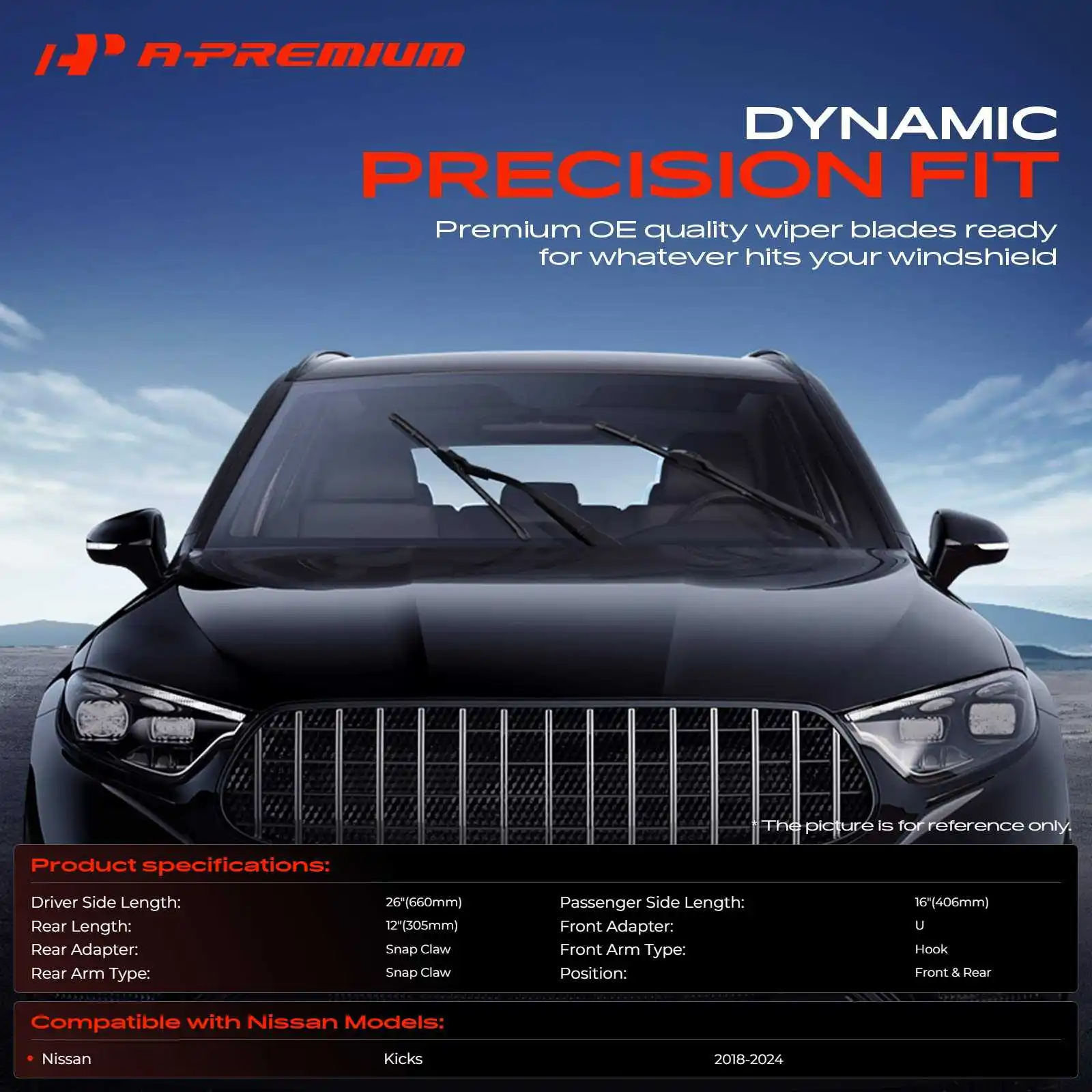 A-Premium Windshield Wiper Blades for Nissan Kicks 18-24 - 26