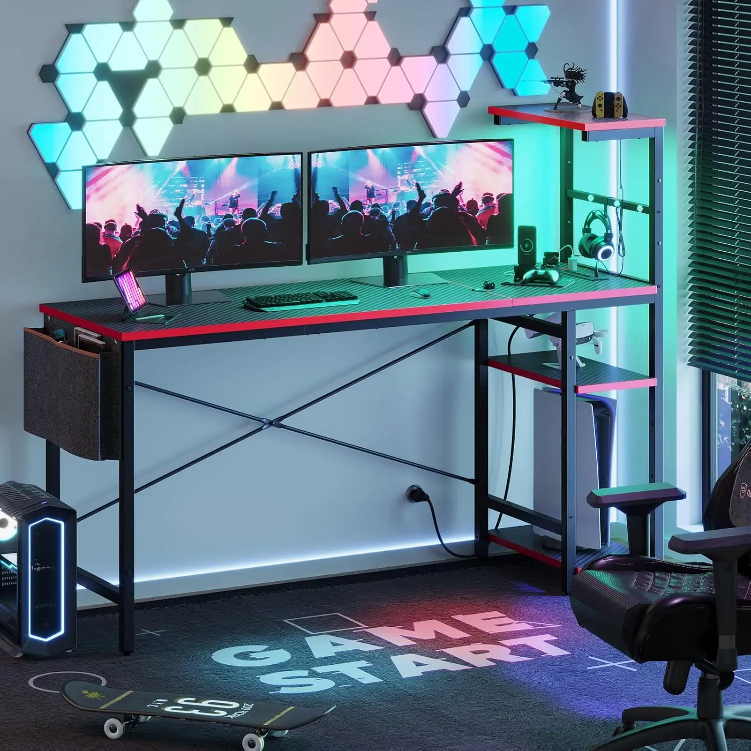 Gaming Desk with Power Outlets, 61 Inch Large Led Gamer Desk with 4 Tiers Reversible Shelves