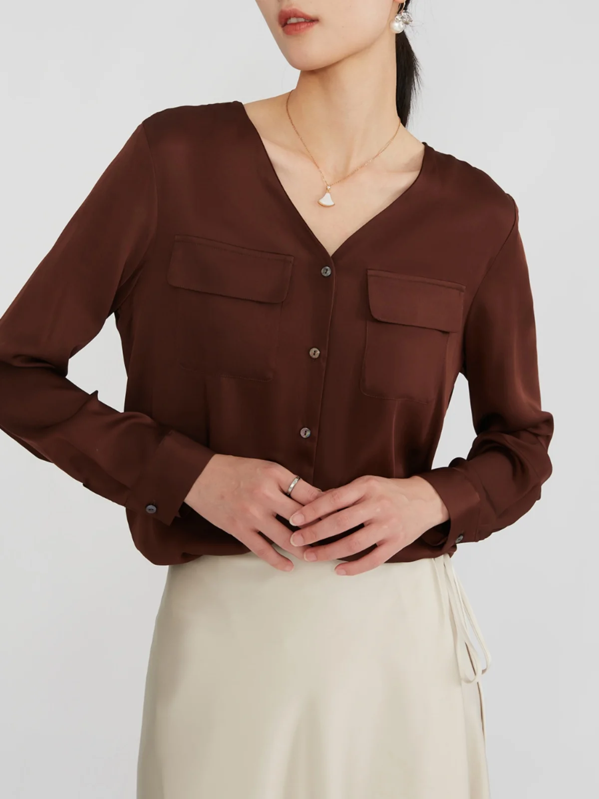 

Spring Women's Luxury Mulberry Silk Clothing Double Satin V-neck Women's Long Sleeved Shirt Heavy-Duty Elastic Shirts