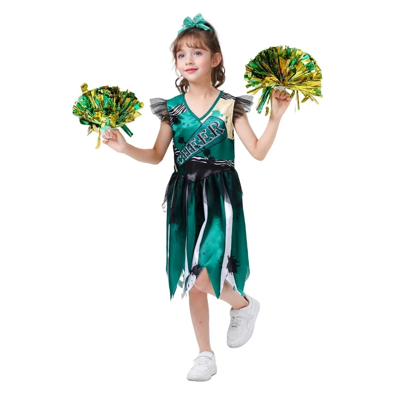 

Girls Cheerleader Costume Green Zombie Cosplay Fancy Dress With Pompoms Kids Halloween Theme Party Costumes