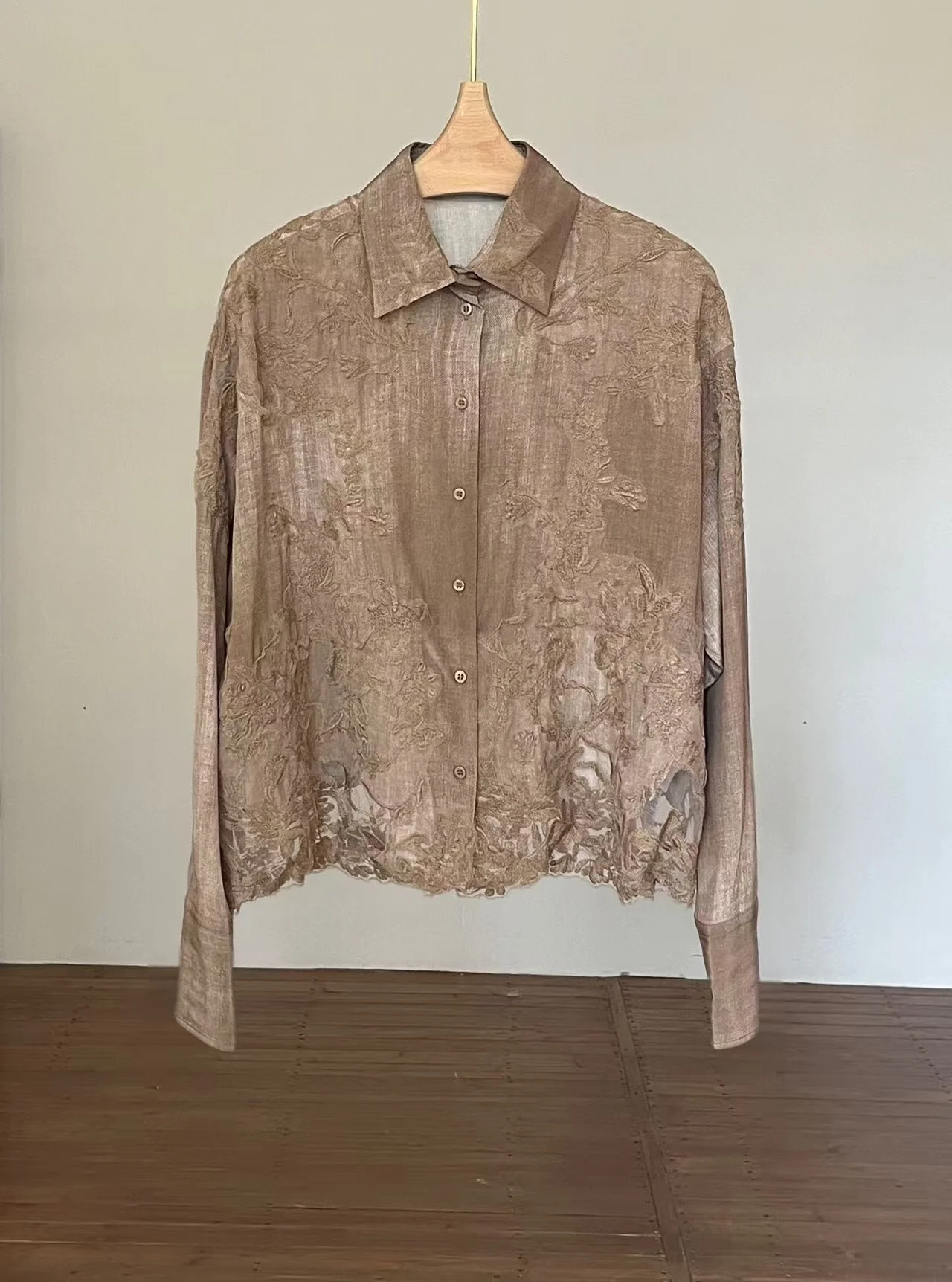 Luxury Taupe 100% Mulberry Silk Embroidered Shirt Women Designer Floral Jacquard Sheer Blouse Elegant Long Sleeve Top