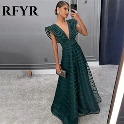 RFYR Green V-neck A Line Prom Dress Tank Tulle Elegant Prom Gown Short Sleeve Net Long Evening Dress Formal Dress Customized