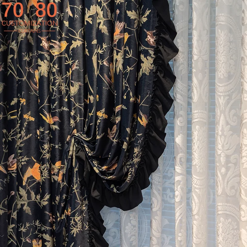 American Ruffle Flocked White Screen Window Screen Black Jacquard Curtains for Living Room Bedroom Floor-to-ceiling Window