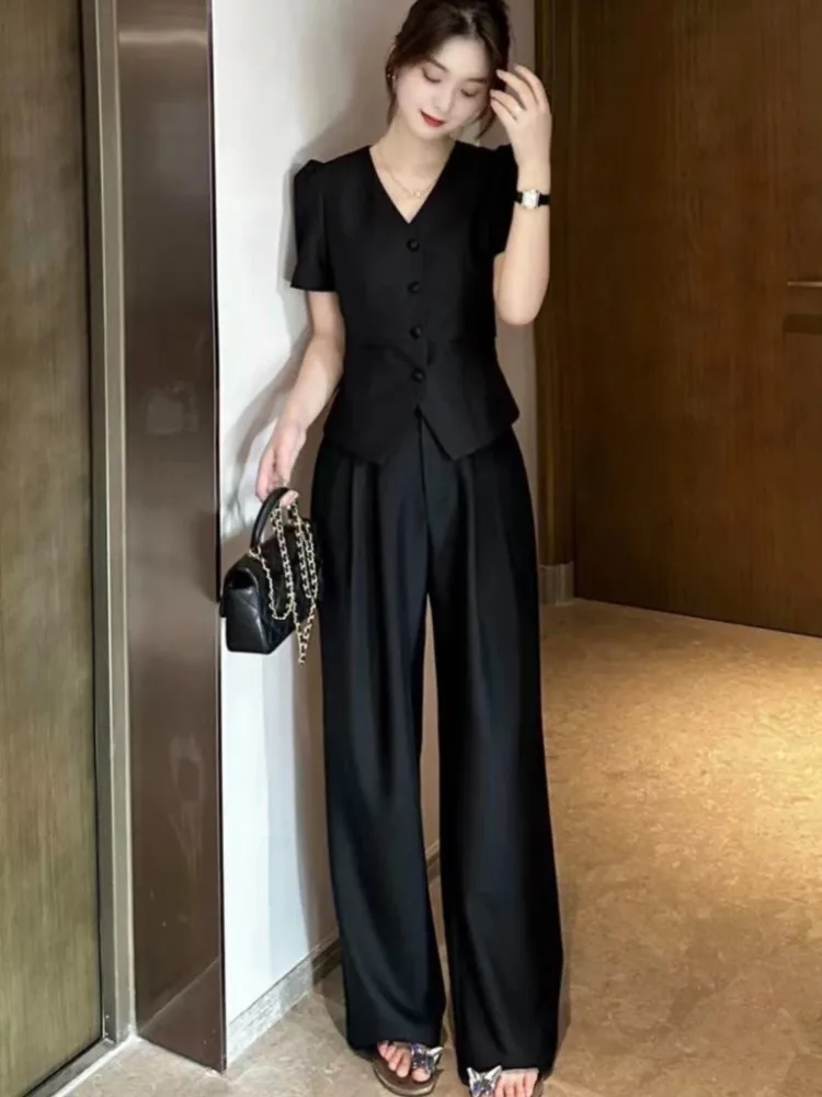 Women Short Sleeve Top Wide Leg Pants Suit Summer New Fashion Female High-end Korean Style Casual Pants Two Piece Set