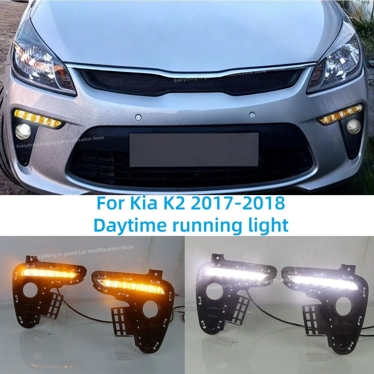 

Для Kia K2 2017-2018: двухцветные дневные ходовые огни, указатели поворота, противотуманные фары переднего бампера. Специализированные автозапчасти для модификации.
