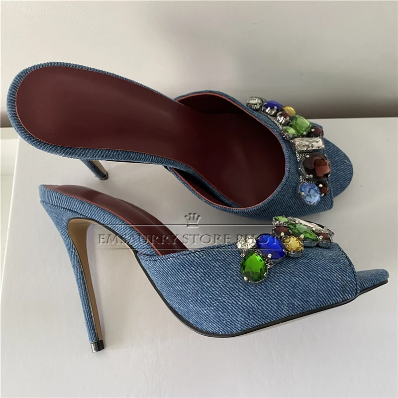 Individual Denim Slingbacks Mules For Girls Summer 10cm Stiletto Heel Colorful Rhinestone Buckle Decor Sandals Women 2024