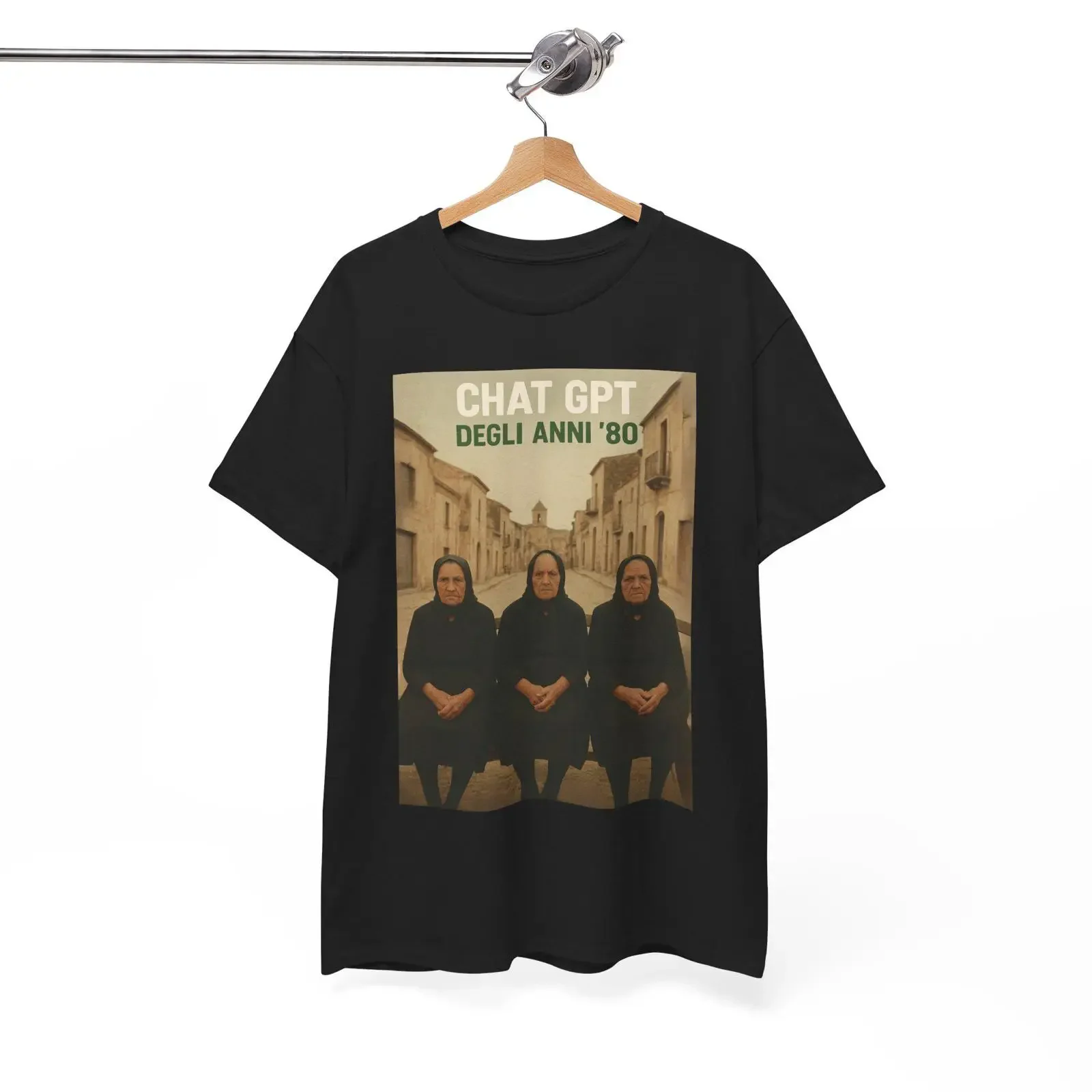 Camiseta divertida con diseño de póster italiano vintage de los años 80 de Chat GPT, meme irónico de IA, humor tecnológico, informal, vintage, lavada, transpirable, a la moda para hombre