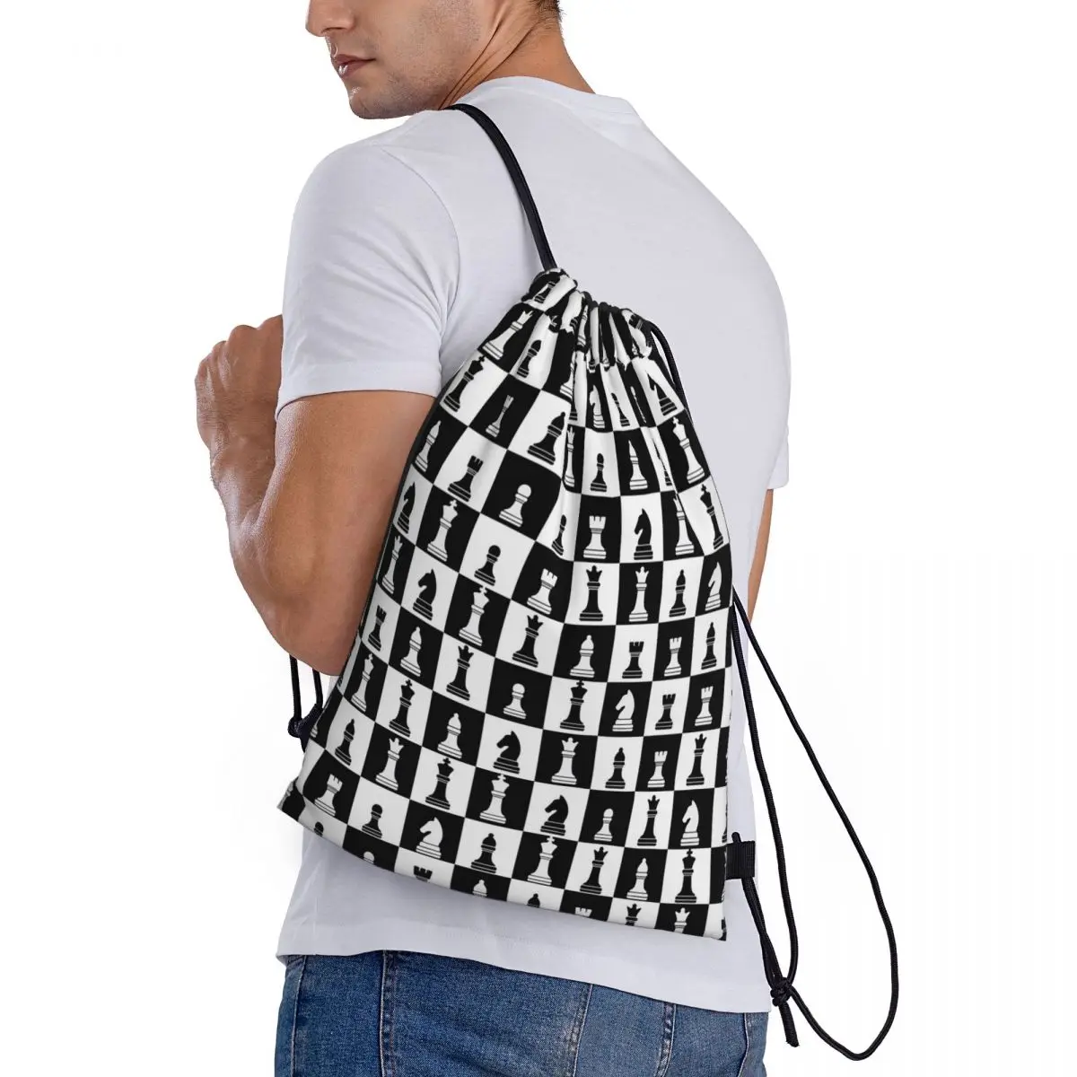 

Black And White Chess Board Pattern Backpacks Casual Drawstring Bundle Pocket Sports Bag Book Bags for Man Woman School
