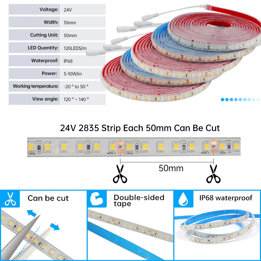 IP68 Waterproof LED Strip 24V SMD2835 120Leds/m Ribbon Diode Outdoor Lamp 3000K 4000K 6000K LED Tape Lights Swimming Pool Decor