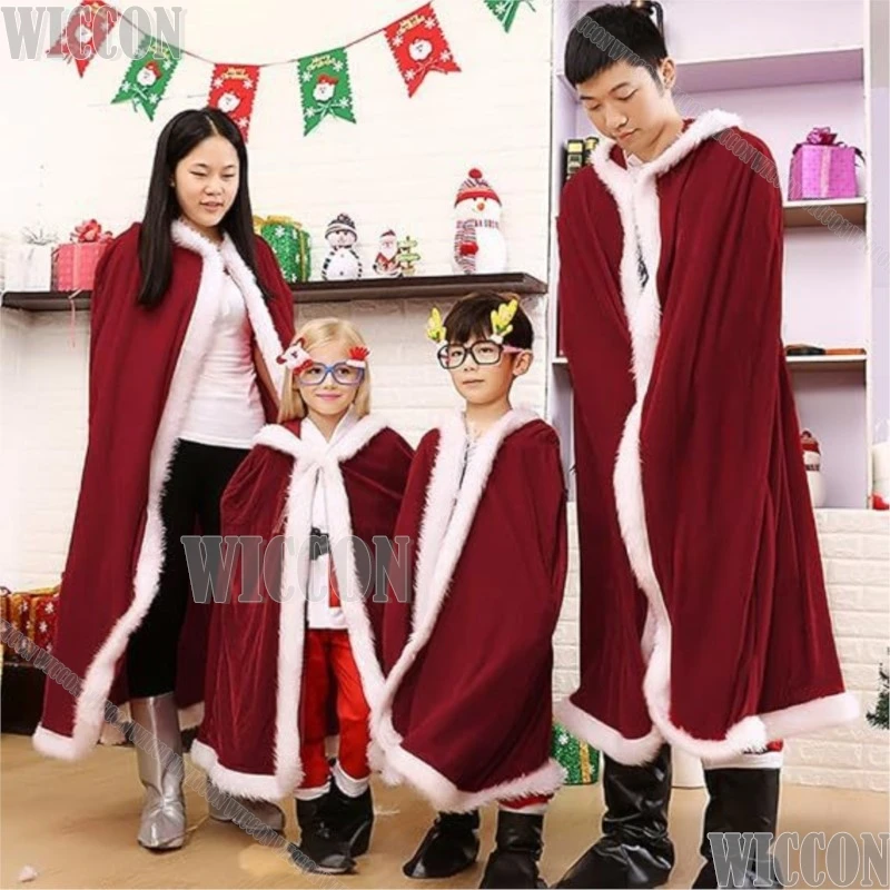 Christmas Cape Mrs. Claus Santa Cosplay Costume Red Velvet Hooded Clock Robe Child Adult Women Men Halloween Roleplay Customized