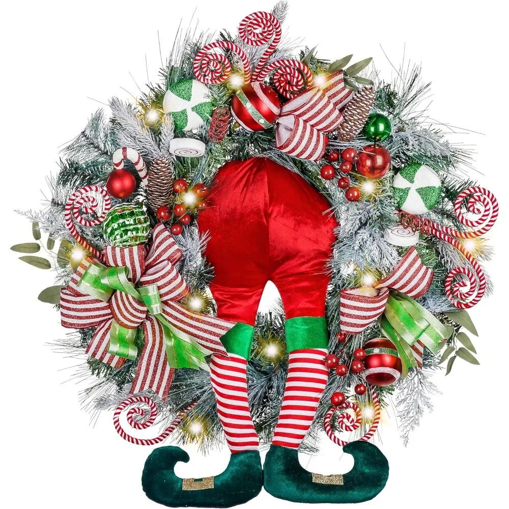 

30 Inch Pre-Lit Christmas Wreath for Front Door - Large Elf Lighted Wreath with Red, Green & White Lights