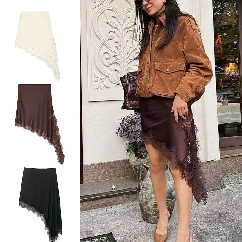 HH Women's Summer Asymmetrical Solid Mini Skirt A-line Side Zipper Brown Elastic Waist Stain Vintage Female Chic Cropped Skirt