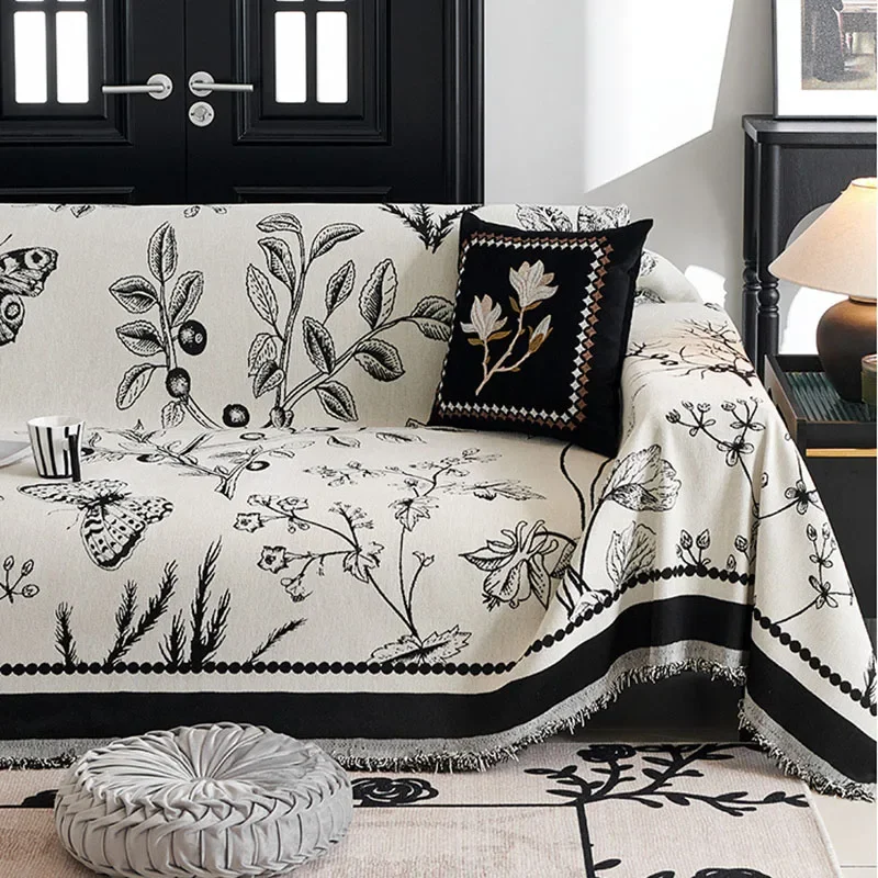 French Printed Sofa Towel with Tassels All-Inclusive Furniture Protector for All Seasons Luxury Dust-Proof Sofa Cover