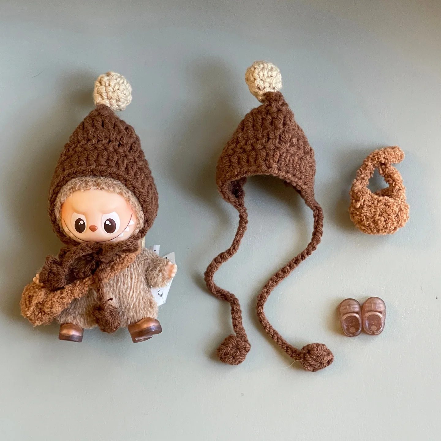 

For 4.0 pin for love labubu clothes Crochet hat bag shoes 3pcs set For 10.5cm labubu doll outfit Accessories