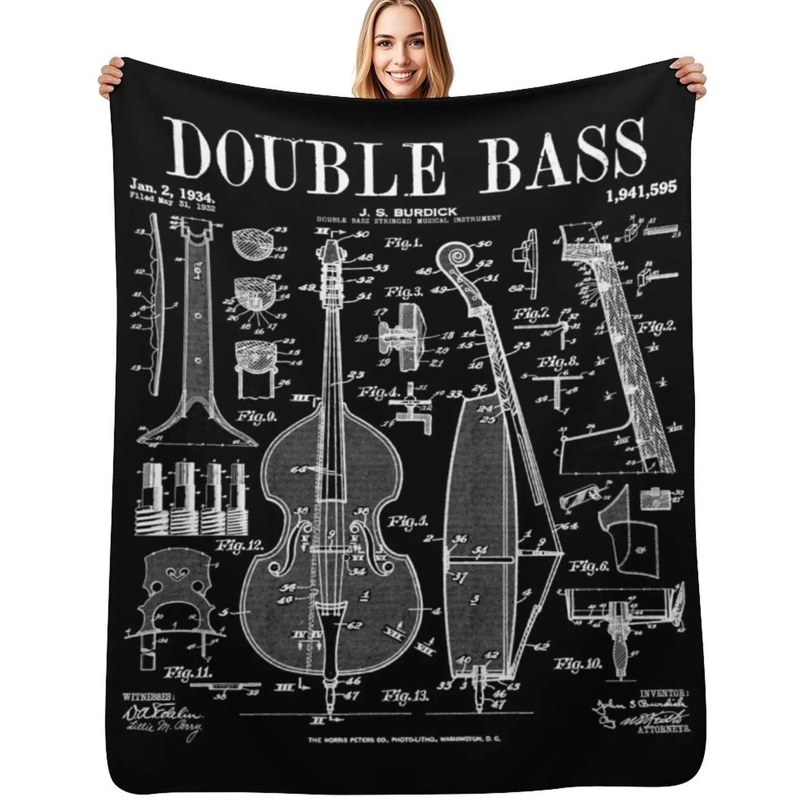 Double Bass Player Bassist Musical Instrument Vintage Patent Throw Blanket Beautifuls Sleeping Bag Weighted Camping Blankets