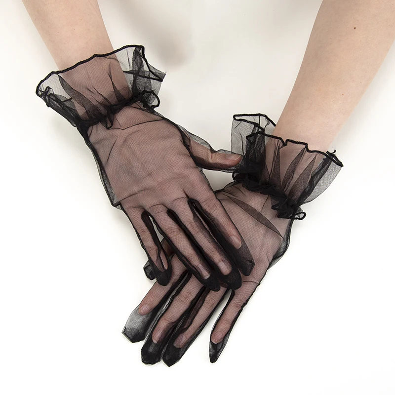 Women Black Lace Gloves Ultra Thin Gloves Tulle Wedding Bride Dress Driving Mittens Sheer Transparent Sunscreen Vintage Glove