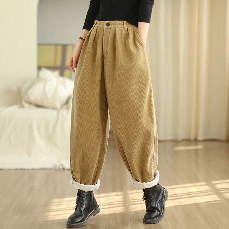 

European Style Corduroy Trousers 2024 New Winter Plus Velvet Thick Warm Wide Leg Pants Cotton-Padded Casual Loose Harem Pants