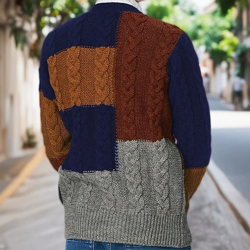 

Autumn and winter men's elegant and fashionable patch contrasting knitted cardigan V-neck long sleeved sweater jacket for men
