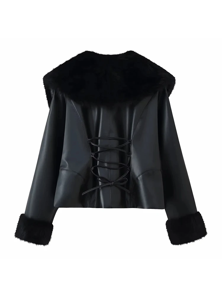 Veste à col en fausse fourrure pour femmes, épissure noire, manches longues, taille fine, manteau arrière, mode streetwear pour dames, nouvelle collection
