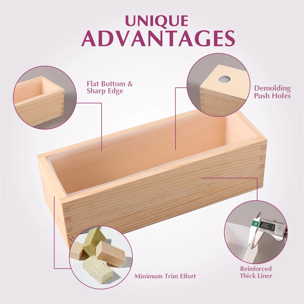 1900g Rectangular Soap Mold Silicone Loaf Mold Comes with Wood Box Handmade Soap Making to make 10PCS 3*3*1 inch soap bar