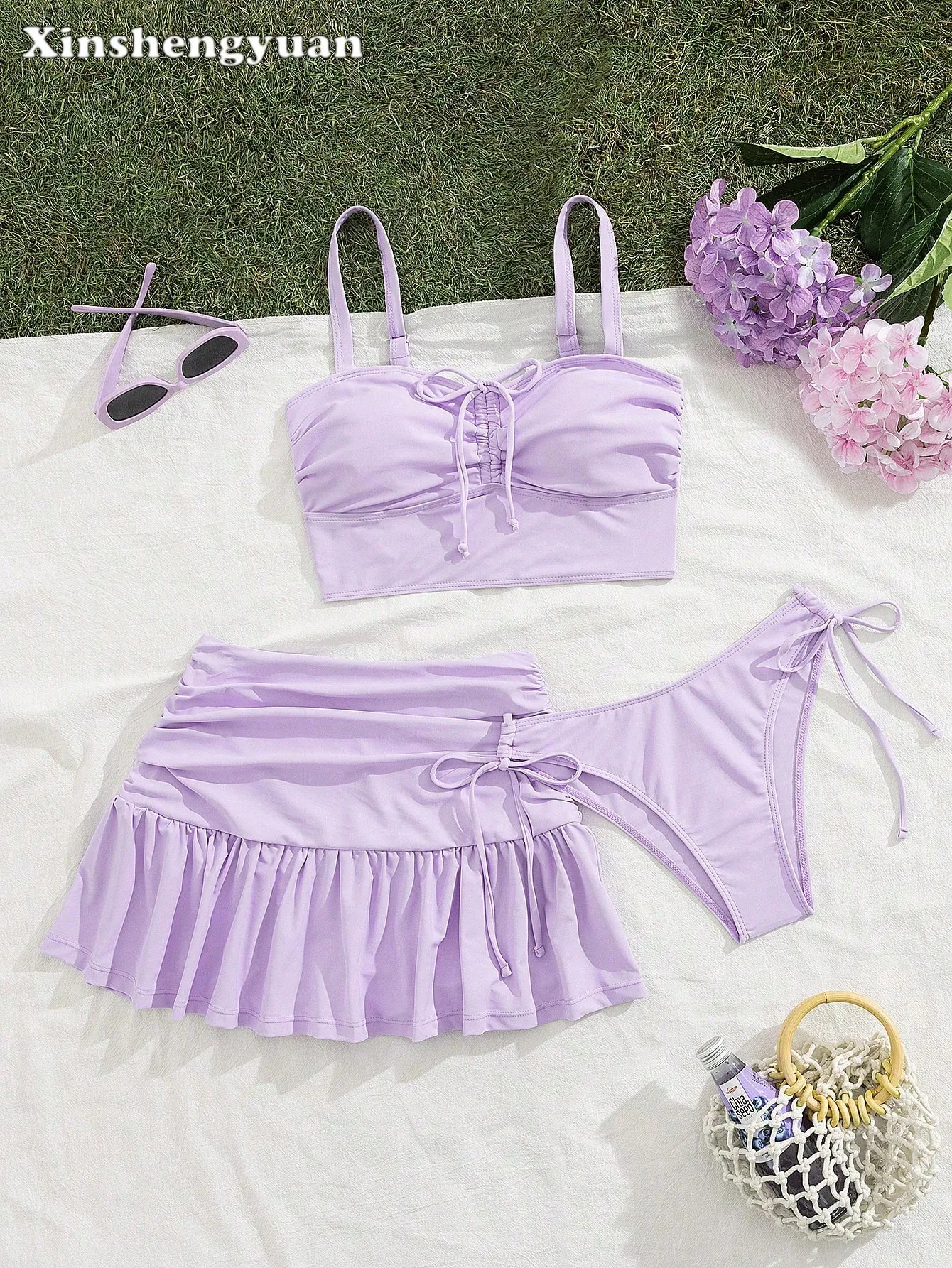

Lavender Solid Color Bikini Set With Ruffle Skirt For Beach Vacation