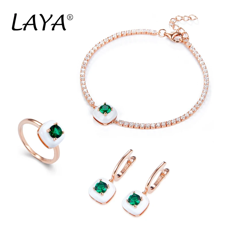 Laya Pure 925 Sterling Silver Shining Zircon White Handmade Enamel Tennis Bracelet Earrings Ring Sets For Women Fine Jewelry