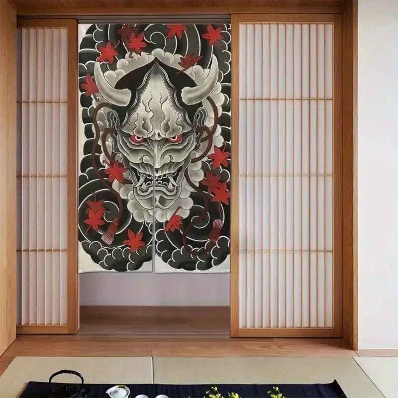 VIKAMA Noren Door Curtain Japanese Hannya Mask Tattoo Maple Printed Partition Curtain Bar Home Hanging Decor