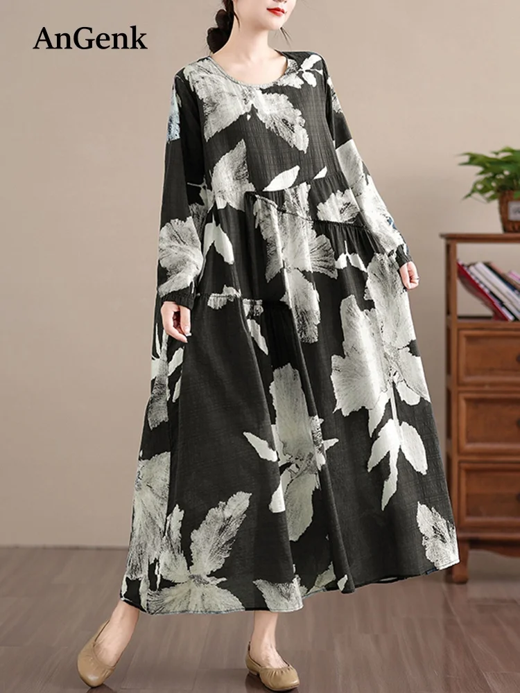 2025 ربيع الخريف قميص قطني بكم طويل طباعة فساتين خمر المرأة فستان طويل فضفاض غير رسمي مكتب سيدة Vestidos ملابس أنيقة