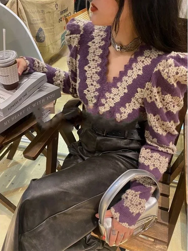 

Женская блузка с V-образным вырезом, в полоску, с кружевом, приталенная, короткая, базовая, в корейском стиле, для повседневной носки, с длинным рукавом