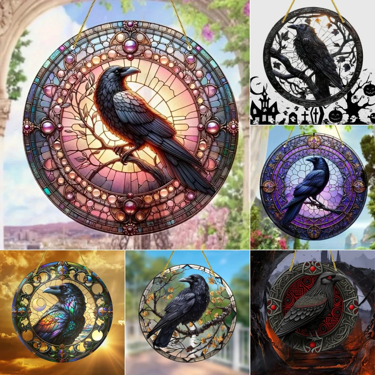 Black Crow Window Hanging Suncatcher,Translucent Round Acrylic Sign, Wreath Center,Porch Garden Home Courtyard Office Decoration