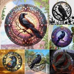 Black Crow Window Hanging Suncatcher,Translucent Round Acrylic Sign, Wreath Center,Porch Garden Home Courtyard Office Decoration