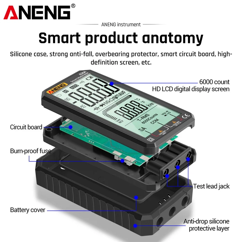 

Цифровой смарт-мультиметр ANENG 620A, 6000 измерений, тестер транзисторов, True RMS, автоматический измеритель электрического сопротивления, емкости, температуры