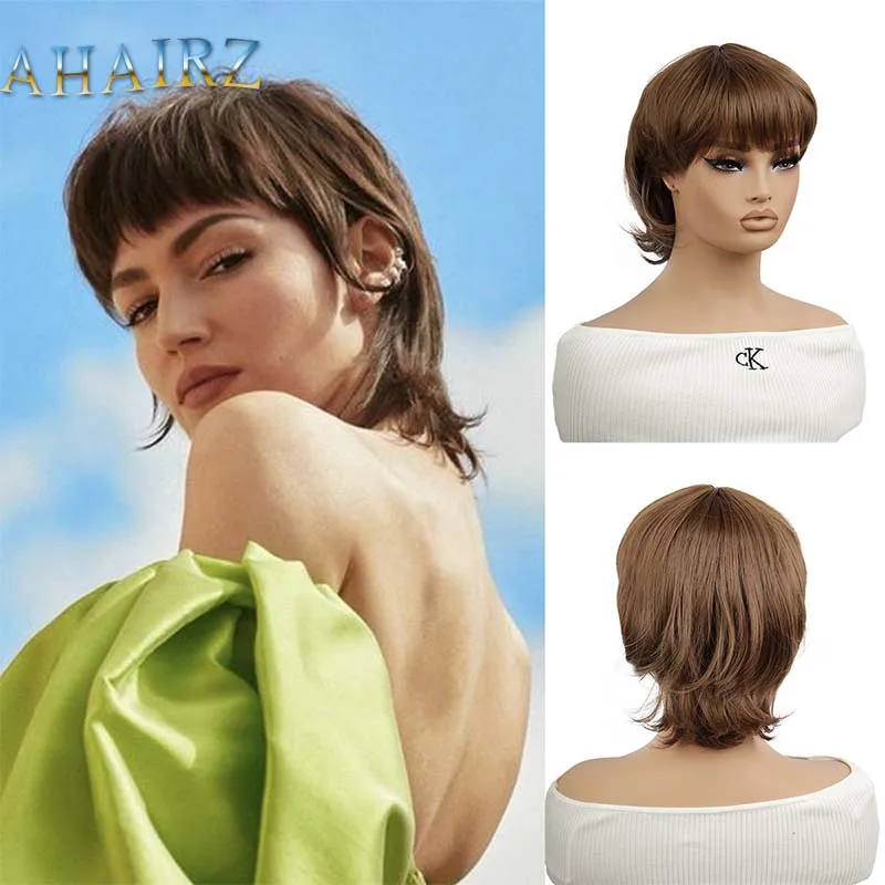 

Brown Pixie Cut Wig for Women Short Wine Red Wig with Short Layered Mullet Wigs Burgundy Synthetic Wig Heat Resistant Wig