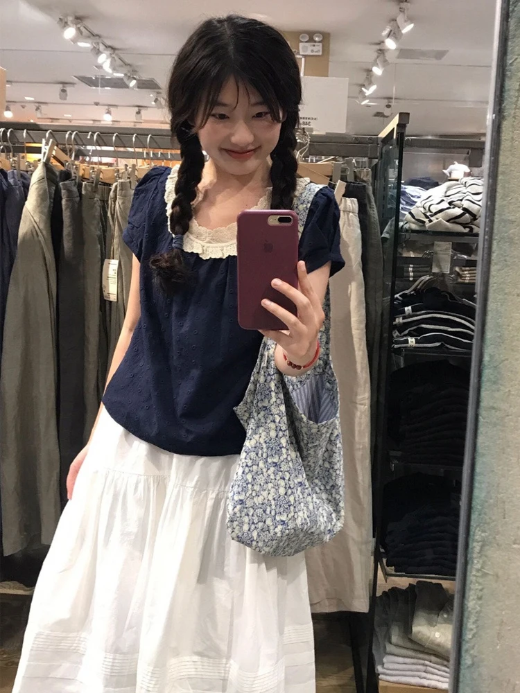 Dentelle épissure f jupe deux pièces ensemble Long Dr paresseux Sle T-shirt à volants taille haute bulle Sve ort Sve printemps été...