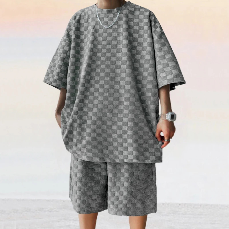 2024 Spring Summer Casual Two Piece Set Male Short Sleeve O Neck Cotton T Shirt And Shorts Beach Suits Men Fashion Plaid Outfits