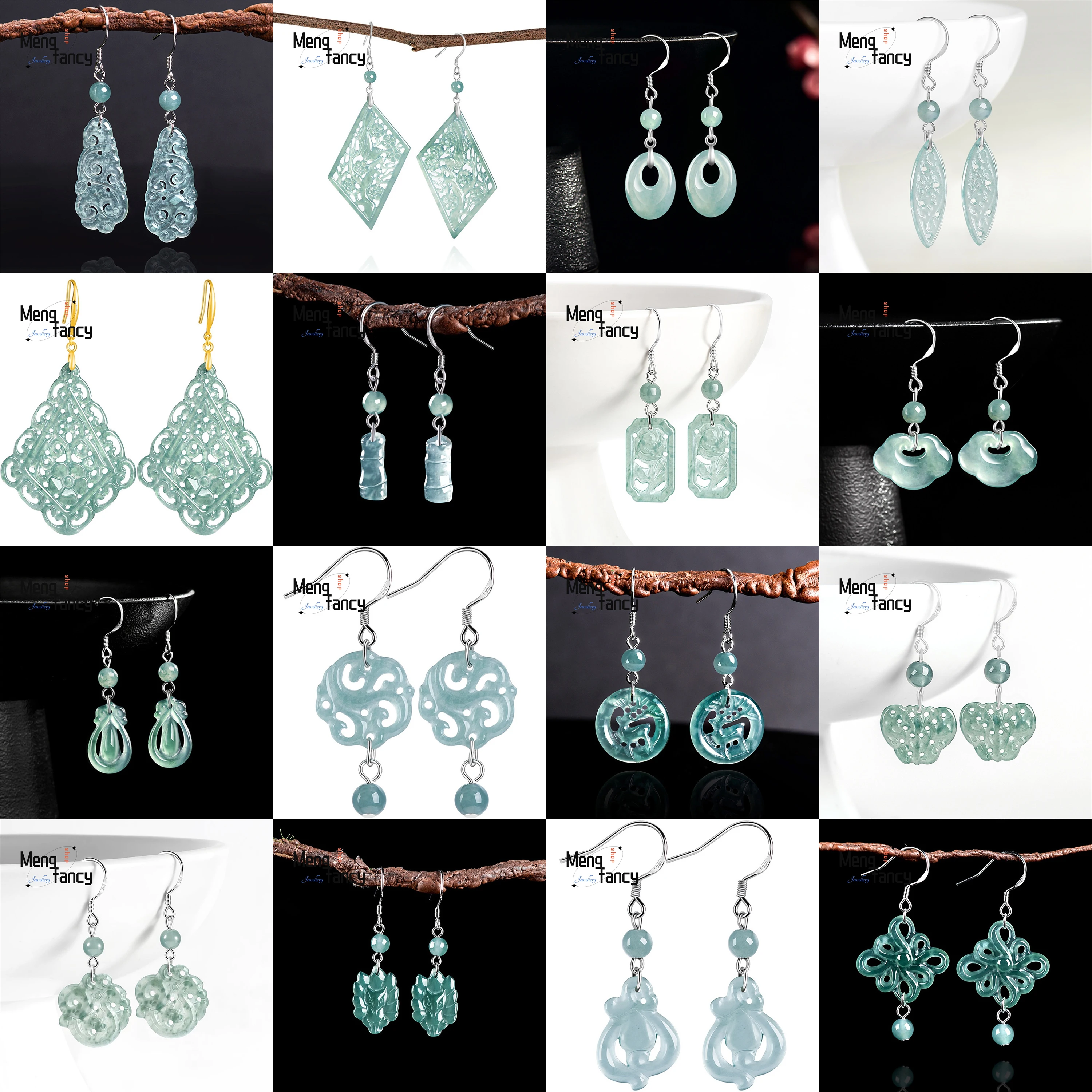 S925 Silver Inlay Natural A-grade Jadeite Blue Water Hollowed-out Ancient-style Women's Ice Jade Earrings Couple Fashion Jewelry