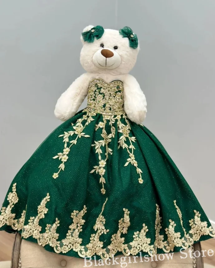 Emerald Green Quinceanera Teddy Bear Dress 2025 Luxurious Sheath Gold Applique Mini Quinceanera Dress Customised