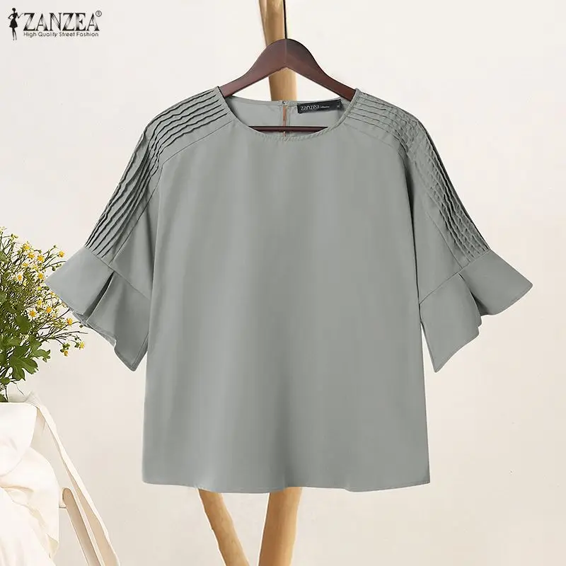 ZANZEA, blusas informales y de día para mujer, blusas de verano con cuello redondo y media manga acampanada, Tops elegantes de diseñador de Color sólido, ropa para mujer