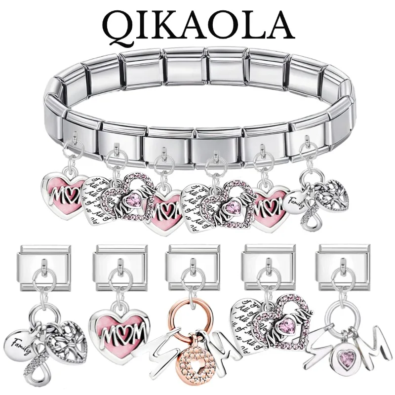 1 Stück funkelnde rosa Herz- und Mama-Anhänger, passend für 9 mm Edelstahl-Armbänder, DIY-Schmuckherstellung, bestes Muttertagsgeschenk