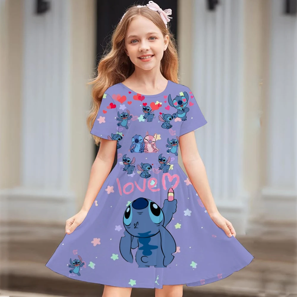 

Summer New Children's Clothing 3d Printed Romantic Stitch Cute Girl Short-Sleeved Dress 3-14 Years Old Kids Performance Clothing