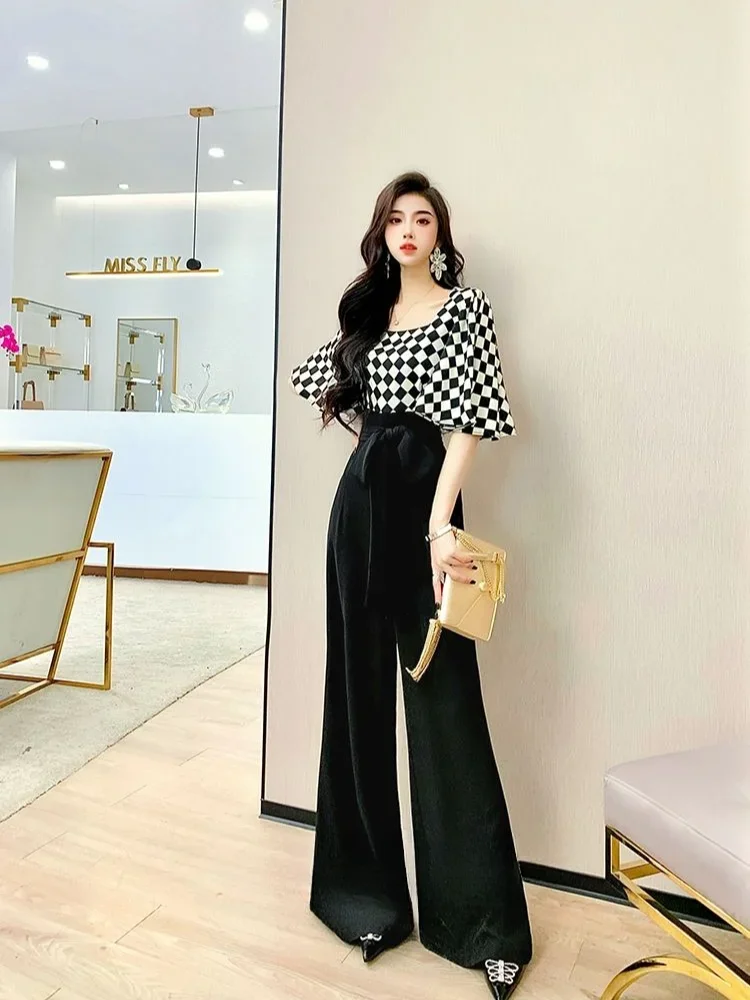 Black Wide Leg Summer 2024 Lattice Trousers Woman Shirt Blouse and Pant Sets for Women 2 Pieces Lace Up Aesthetic Clothing Trend